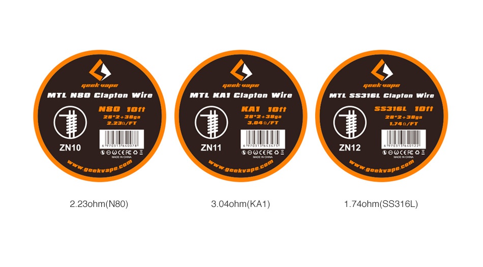 GeekVape MTL Clapton Wire 10ft galeae MTL NBO Clapton wire MTL KAI Clapton wire MTL SS3I6L Clapton Wire SS3IBL T ZN10 ZN11 ZN12  eoc R  seec E   OOCER  Keeva 2  23ohm N80  3  04ohm KA1  1 74ohm SS316L