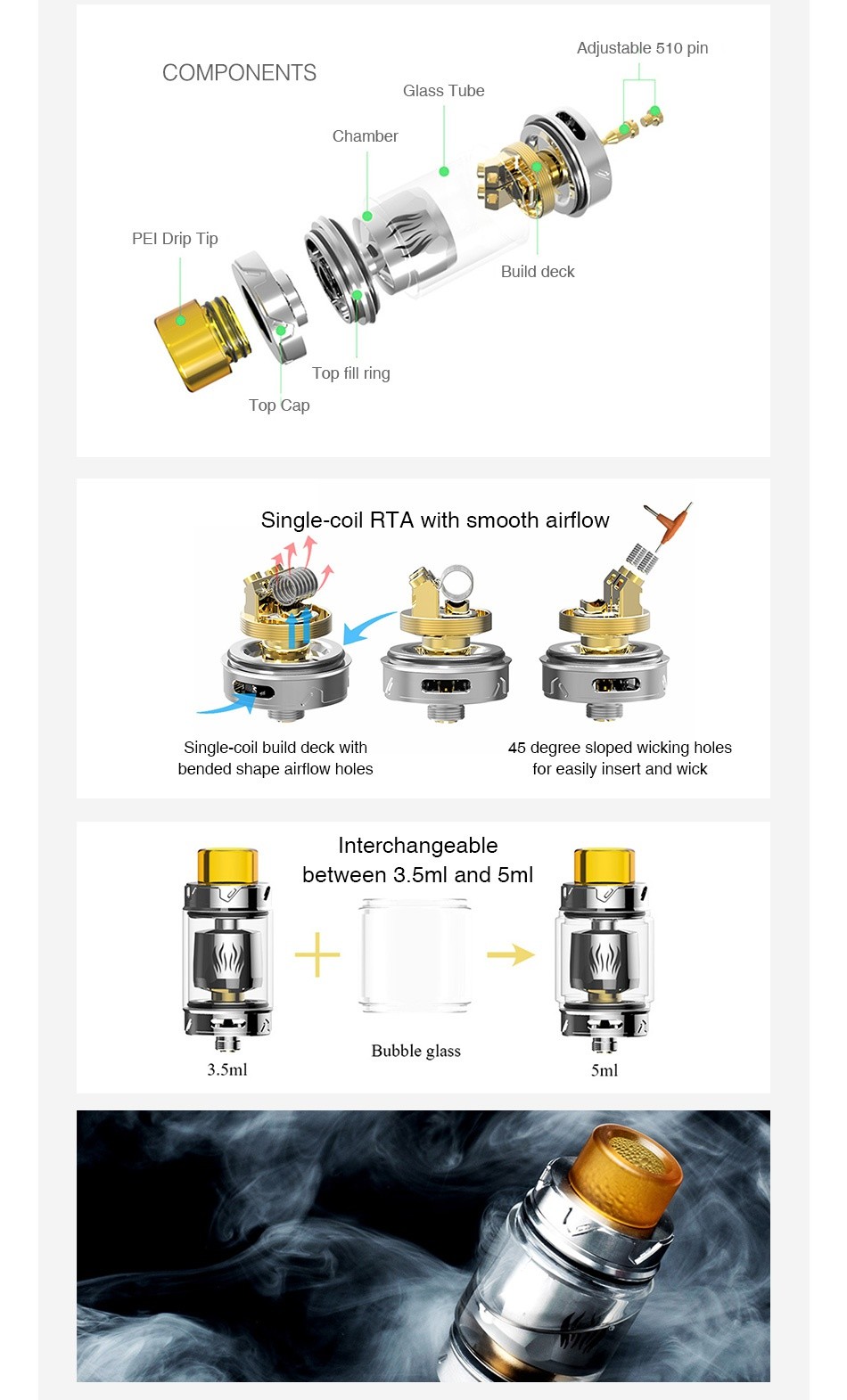 Avidvape Ghost Inhale RTA 3.5ml Adiustable 510 pin COMPONENTS Glass Tube Chamber Ip I p Build deck Top fill rin Top Cap Single coil rta with smooth airflow ng degree sloped wicking holes bended shape airflow holes for easily insert and wick Interchangeable between 3  5m and 5ml Bubble glass 3 5ml 5ml