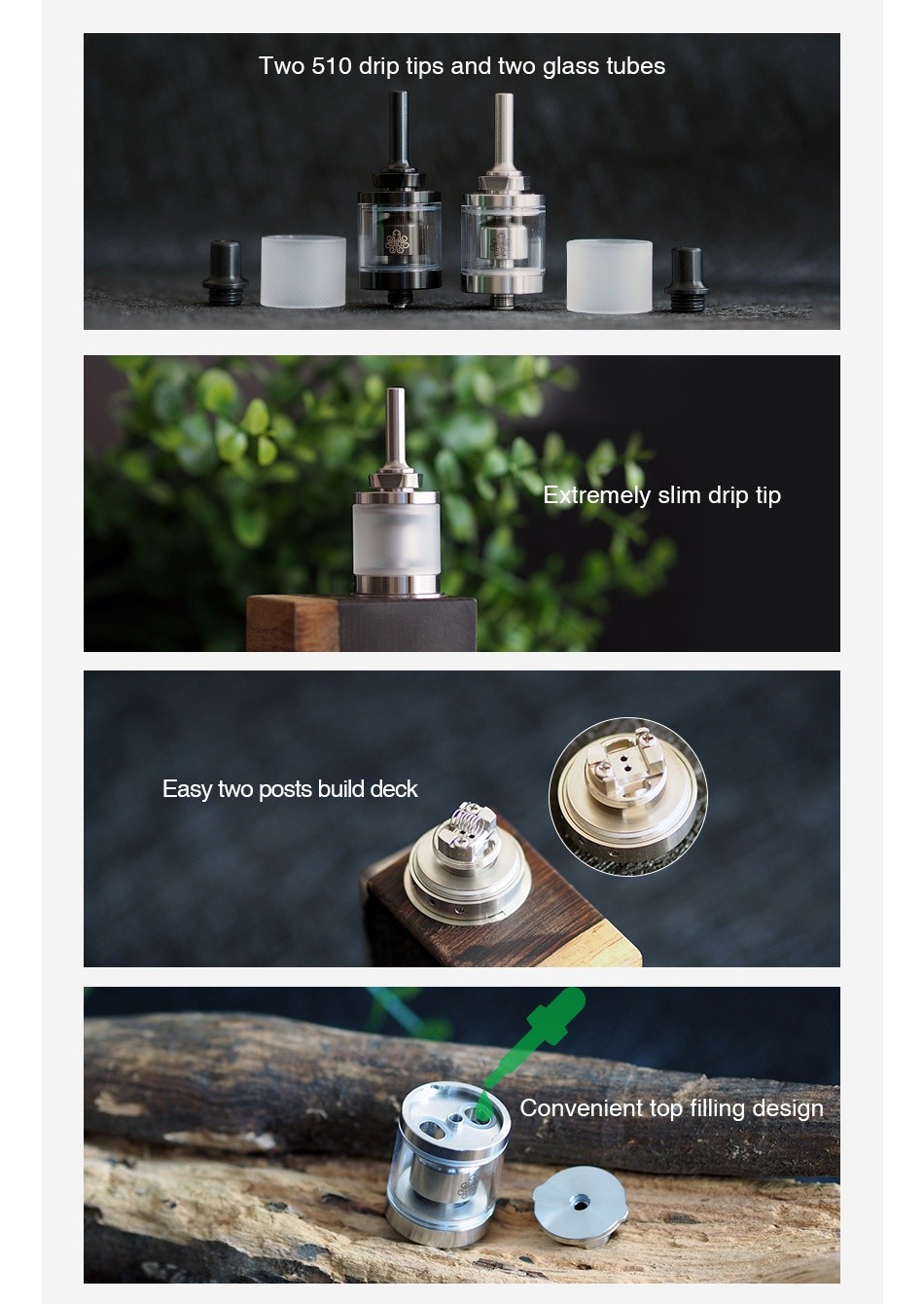 Cthulhu Hastur MTL RTA Mini 2ml Two 510 drip tips and two glass tubes Extremely slim drip tip Easy two posts build deck Convenient top filling design