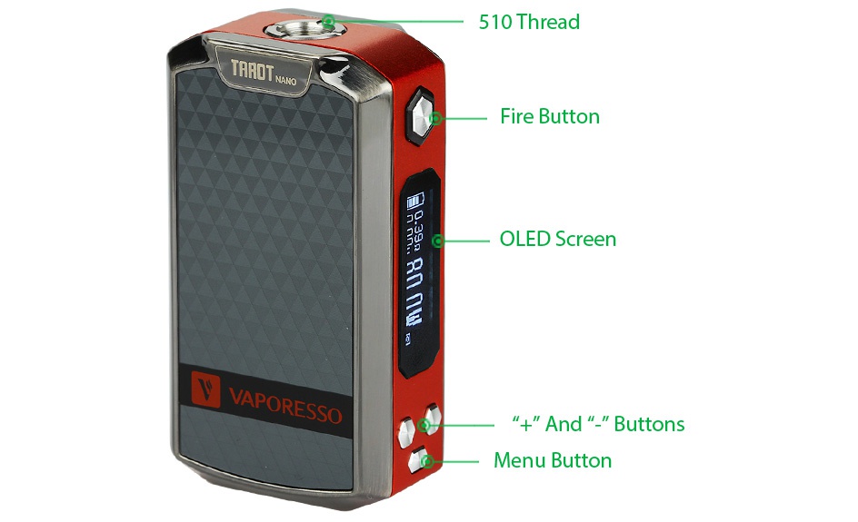 Vaporesso Tarot Nano 80W TC Box MOD 2500mAh 510 Thread Fire butte OLED Screen VAPORESSO And   buttons Menu button