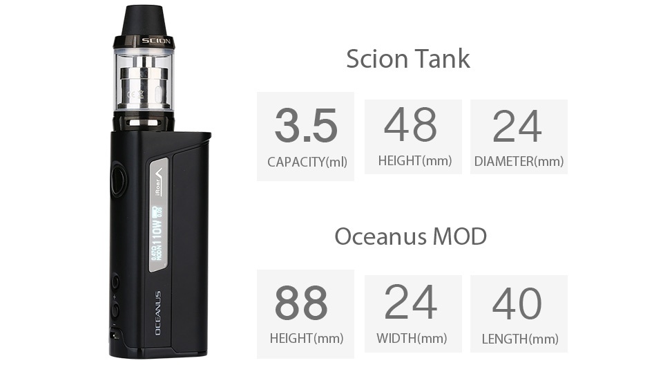 Innokin OCEANUS Scion 110W 20700 VW Kit 3000mAh Scion tank 3 54824 CAPACITY ml  HEIGHT mm  DIAMETER mm  Oceanus mod 882440 HEIGHT mm  WIDTH mm  LENGTH mm