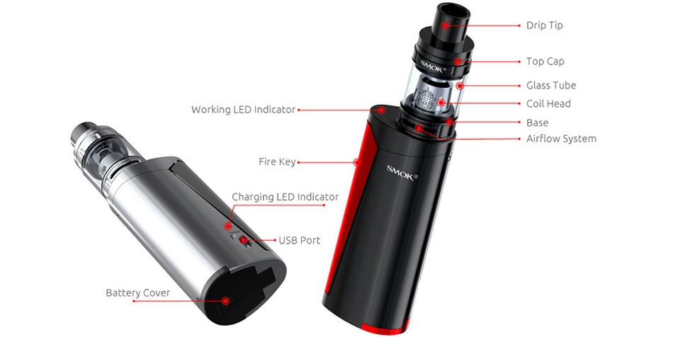 SMOK Priv V8 Kit with TFV8 Baby Drip Ti Glass tub orking LED Indicator Coil Head Base Airflow System Fire key Charging LED Indicator USB Port Battery Cover