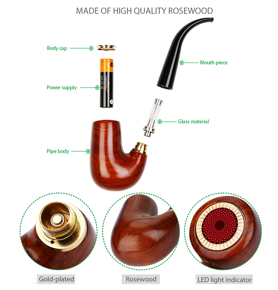 VapeOnly Zen Pipe 18650 Kit 2200mAh MADE OF HIGH QUALITY ROSEWOOD Mouth piece Power supply ass materia Pipe body Gold plated Rosewood LED light indicator