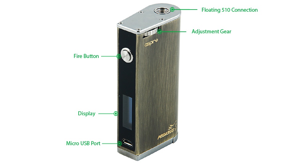 Aspire Pegasus 70W TC Box MOD Floating 510 Connection Adiustment Gea Fire button Micro usB port