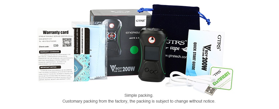 GTRS VBOY 200 TC Box MOD with SX500 Chip warranty card 039  Vaor 200 Simple packin Customary packing from the factory  the packing is subject to change without notice