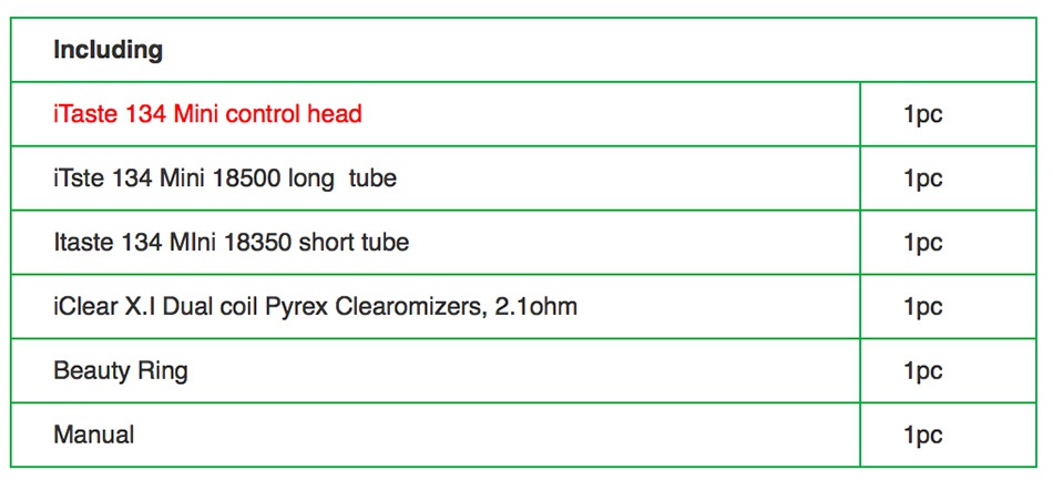 Innokin iTaste 134 Mini VW MOD Kit Including iTaste 134 Mini control head 1pC iTste 134 Mini 18500 long tube Taste 134 Mini 18350 short tube iClear X I dual coil Pyrex Clearomizers  2  1ohm 1pC Beauty Ring Manual 1pc