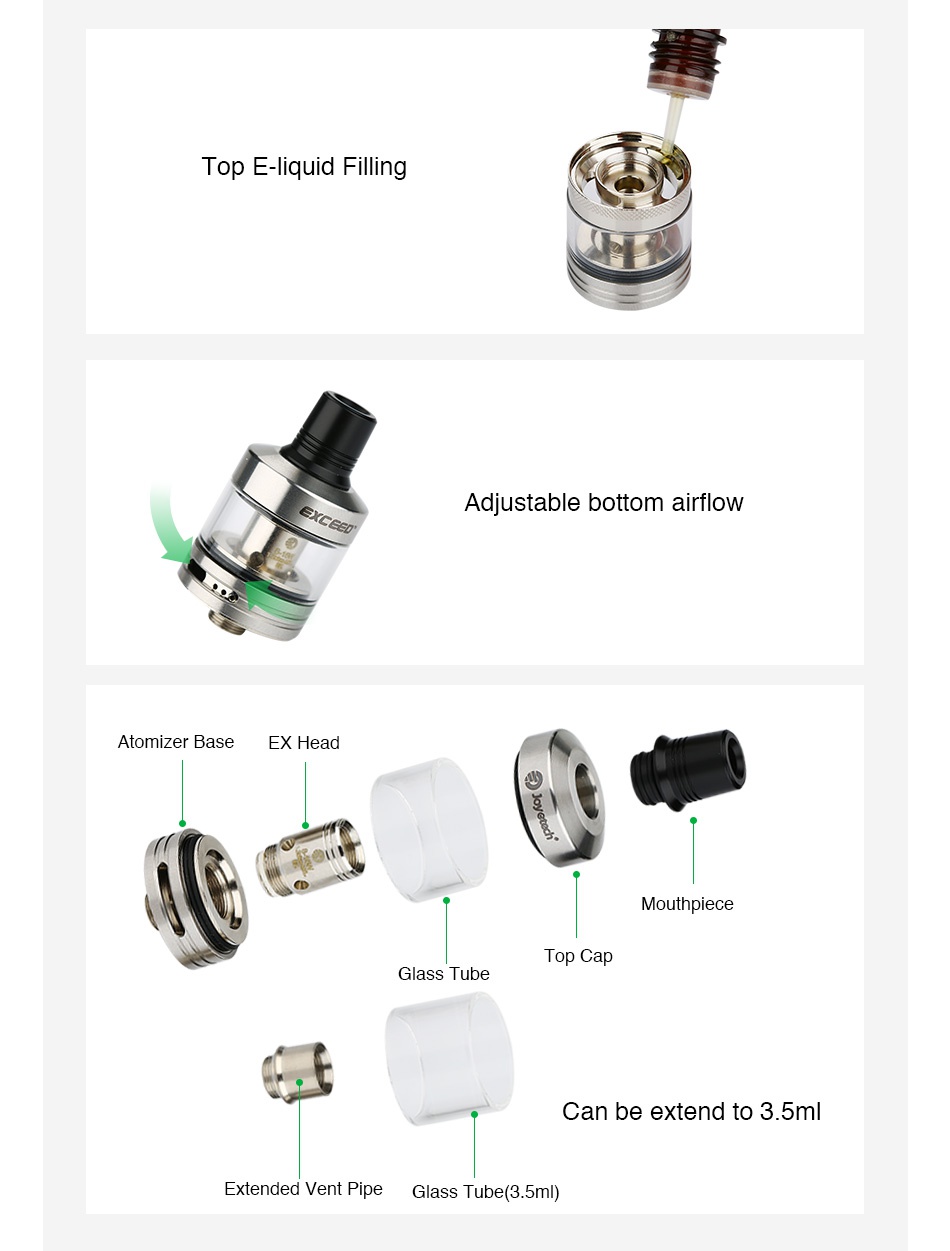 Joyetech Exceed D22 Atomizer 2ml TOp E liquid Filling Adjustable bottom airflow Atomizer Base E Hea Mouthpiece op c Glass tube Can be extend to 3  5m xtended Vent Pipe Glass Tube 3 5ml