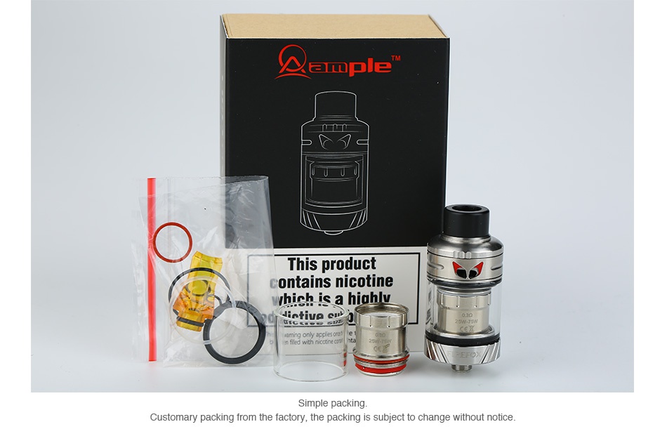 Ample Firefox Tank 2ml apIe This product contains nicotine hich is a high v intime amng only app Simple packing Customary packing from the factory  the packing is subject to change without notice