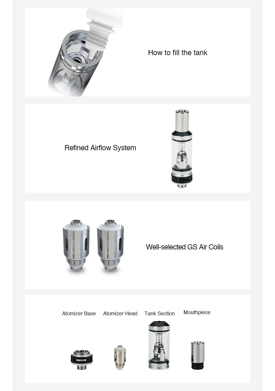 Eleaf GSTurbo Atomizer 1.8ml How to fill the tank Refined airflow System lell selected gs air coils Atomizer base Atomizer head Tank Section Mouthpiece