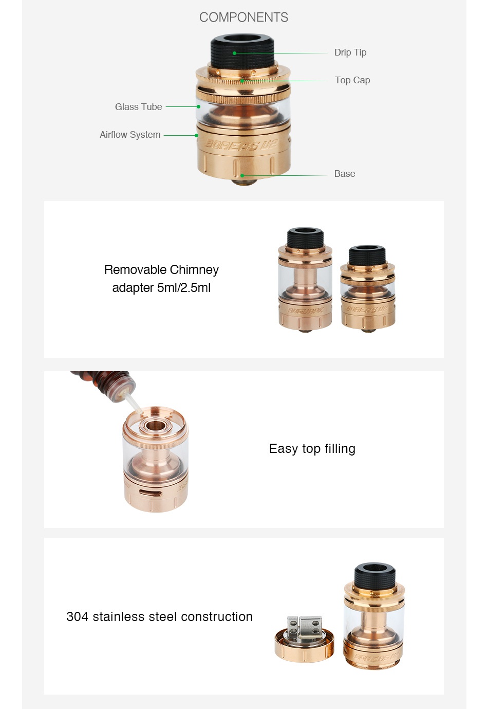 AUGVAPE Boreas V2 RTA 5ml COMPONENTS Drip Tip Glass tub Airflow System Base Removable Chimney adapter 5m 2  5m Easy top filling 304 stainless steel construction