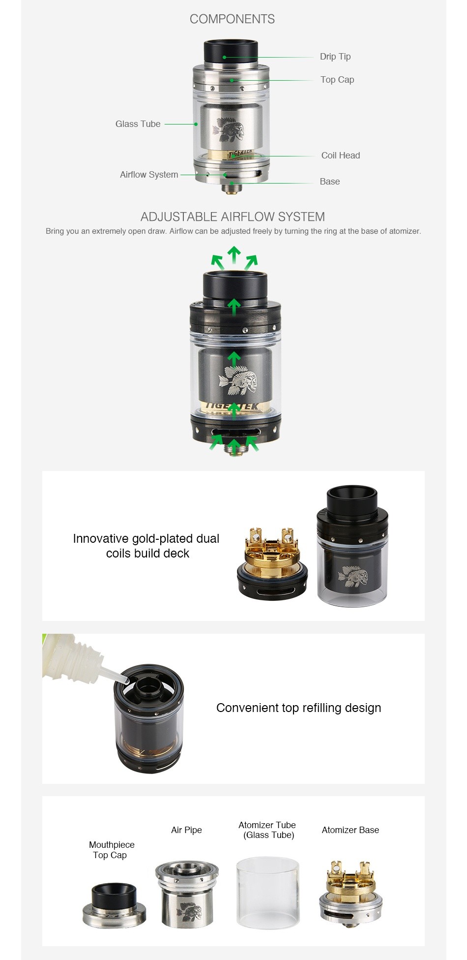 Tigertek Mermaid RTA 3.5ml COMPONENTS Top Ca Glass Tube Coil Head rflow System ADJUSTABLE AIRFLOW SYSTEM Bring you an extremely open draw  Airflow can be adjusted freely by turning the ring at the base of atomizer RZ  E nnovative gold plated dual coils build deck Convenient top refilling design Atomizer tube  Glass Tub Mouthpiece Top Cap