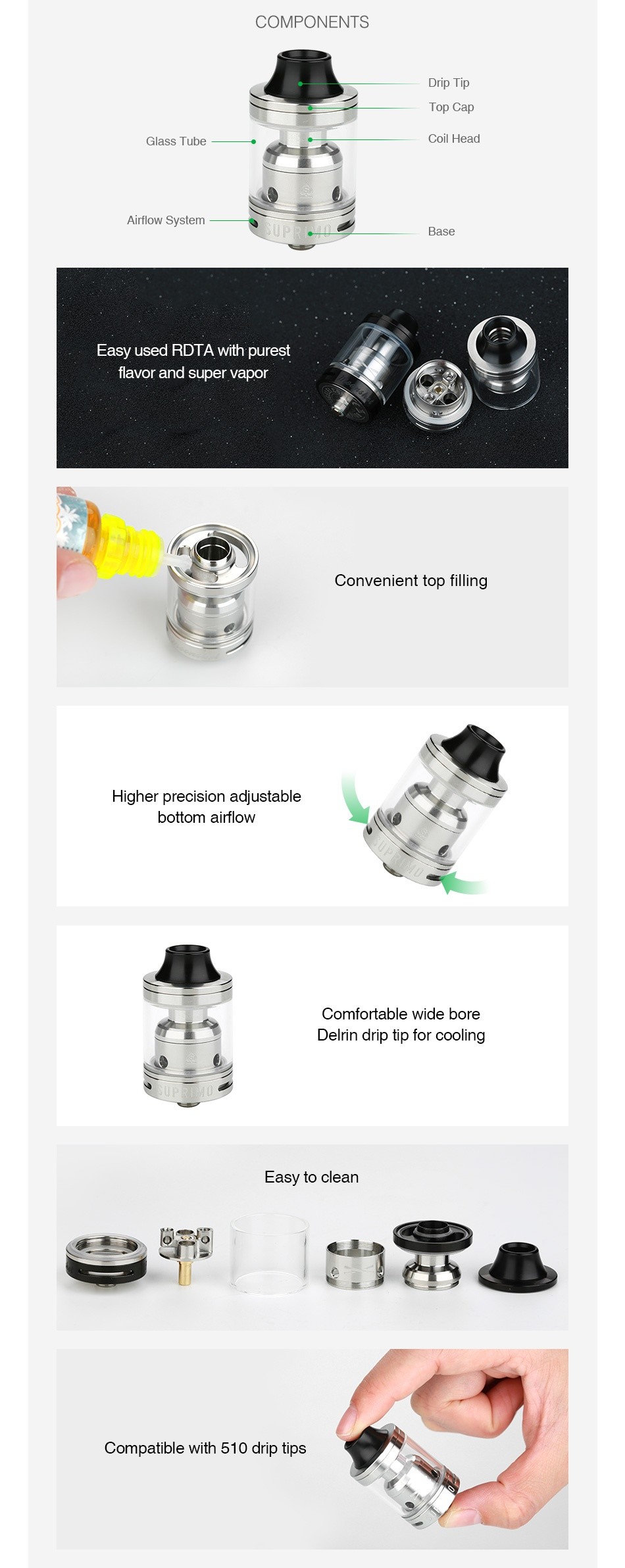 Sigelei Moonshot RTA 2ml/3ml COMPONENTS op cap Glass Tube Coil Head Airflow System Base Easy used RDTA with pures flavor and super vapor Convenient top filling Higher precision adjustable bottom airflow Comfortable wide b Delrin drip tip for cooling Easy to clean Compatible with 510 drip tips