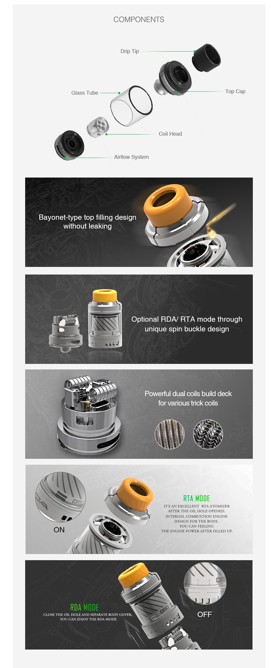 OMG CDA Multi-function DIY Tank 2ml COMPONENTS rip Tip Glass Tube TOD C Coil Head Airflow System Bayonet type top filling design without leaking Optional RDA RIA mode through unique spin buckle desigr Powerful dual coils build deck for various trick coils    RTA MODE ITS AN EXCELLENT RTA ATOMIZER AFTER THE OIL HOLE OPENED INTERNAL COMBUSTION ENGII DESIGN FOR THE BODY YOU CAN FEELING ON THE ENGINE POWER AFTER FILLED UI RDA MODE CLOSE THE OIL HOLE AND SEPARATE BODY COVER OFF OU CAN ENJOY THE RDA MODE