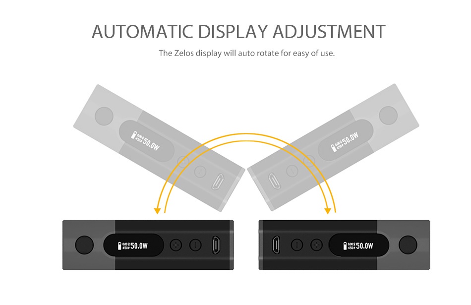 Aspire Zelos 50W TC Box MOD 2500mAh AUTOMATIC DISPLAY ADJUSTMENT The Zelos display will auto rotate for easy of use e 500W 00  1 3500W