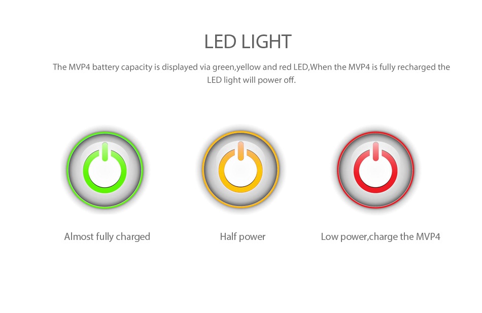 Innokin MVP4 QC 100W TC Box MOD 4500mAh ED LIGHT The Mvp4 battery capacity is displayed via green  yellow and red LED  When the Mvp4 is fully recharged the LED light will po Almost fully charged Half power Low power  charge the MVp4