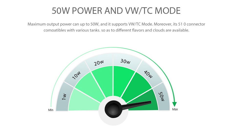 SMOK QBOX TC Box MOD 1600mAh 50W POWER AND VW TC MODE Maximum output power can up to 50W  and it supports WW C Mode  Moreover  its 51 0 connector compatibles with various tanks  so as to different flavors and clouds are available 0 30w Max