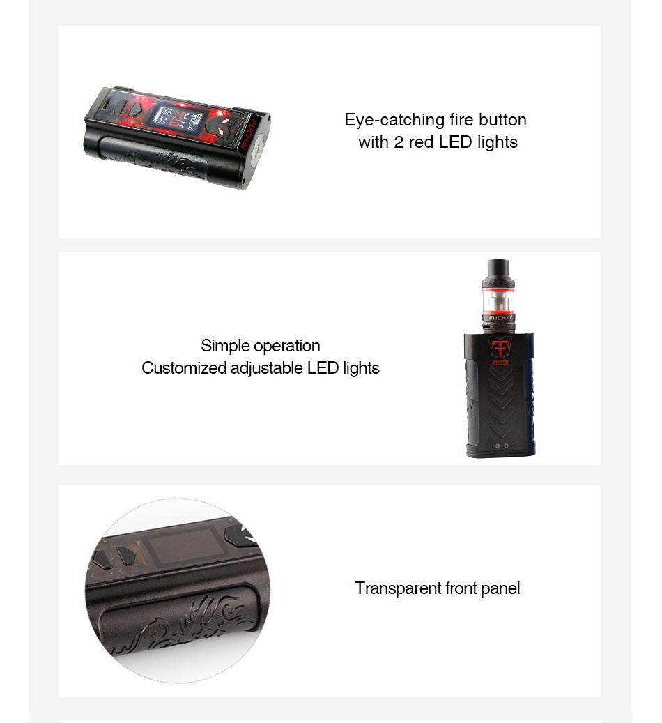 Fuchai MT-V 220W TC Kit with ST3 Tank Eve catching fire button with 2 red LED lights Simple operation Customized adiustable LED lights Transparent front pane