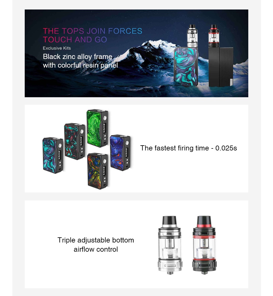 VOOPOO Black Drag Resin 157W with Uwell Valyrian TC Kit THE TOPS JOIN FORCES T  UCH AND GO Exclusive Kit Black zinc alloy trame vith colorful resin panel The fastest firing time 0025s Triple adjustable bottom airflow control