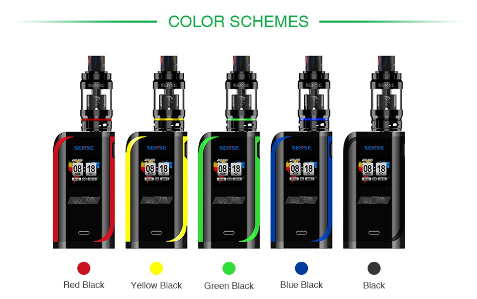 Sense V-Jet 230W TC Kit COLOR SCHEMES SENSE SENSE SENSE SENSE SENSE         0818 Red black Yellow black Green black Blue black Black