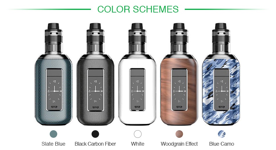 Aspire Skystar 210W Touch Screen TC Kit with Revvo COLOR SCHEMES Slate blue black carbon fiber White Woodgrain effect Blue camo