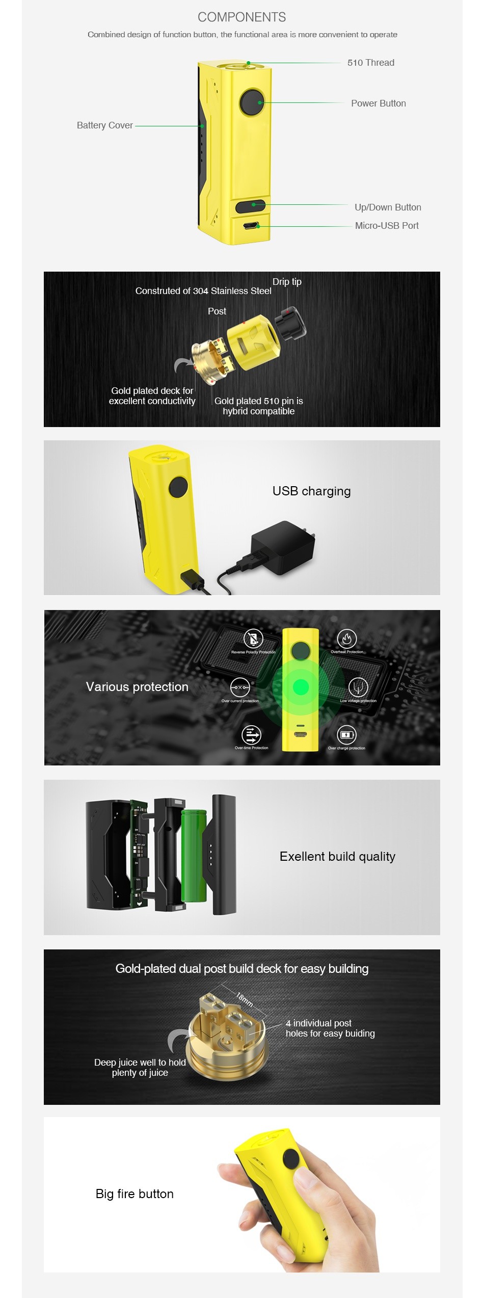 Smoant Battlestar Nano RDA Kit COMPONENTS Combined design of functian button  the functional area is more convenient to operat 510 Thread Power Bullon Batte Up DownI Bullon Micro USB Port Construtod of 304 Stainless Stcc p tip old plated deck tor excellent conductivity d plated 510 pin Is USB charging     Various protection EXellent build quality Gold plated dual post build deck for easy building dual p holes for easy buiding Deep juice well to hold plenty of juice Big fire button