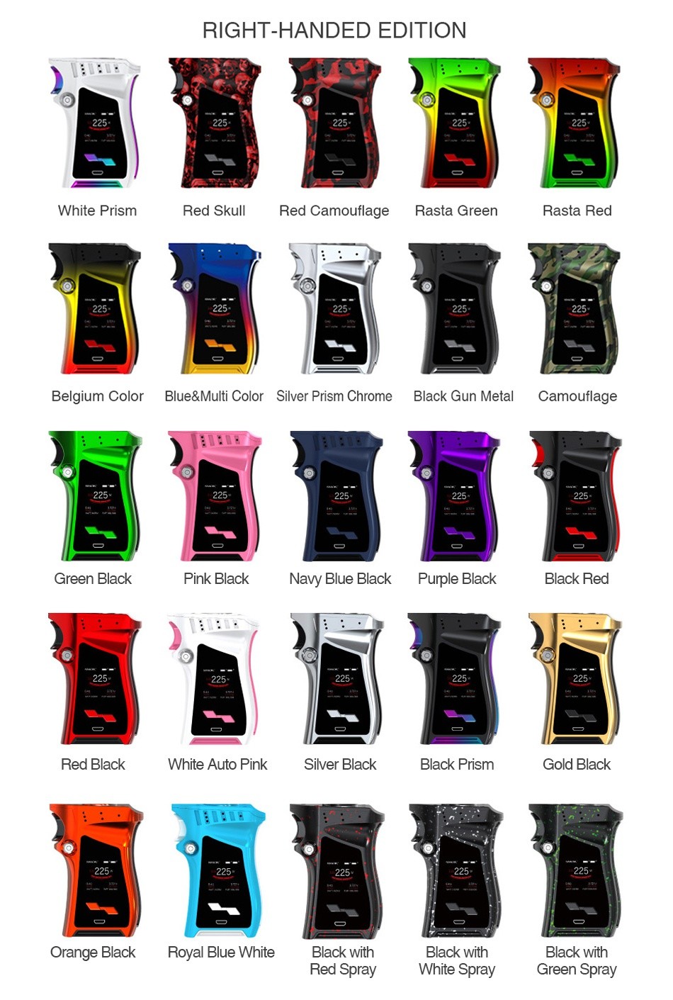 SMOK MAG 225W TC Box MOD RIGHT HANDED EDITION White prism Red skul Red Camouflage Rasta Green Rasta red Belgium Color Blue  Multi Color Silver Prism Chrome Black Gun Metal Camouflage   I     Green black Pink black Nav blue black Puple black Black red Red black White auto pink Silver black black Prism Gold black   Orange Black Royal Blue White Black Wi Black with Black with Red Spray White Spray Green Spray