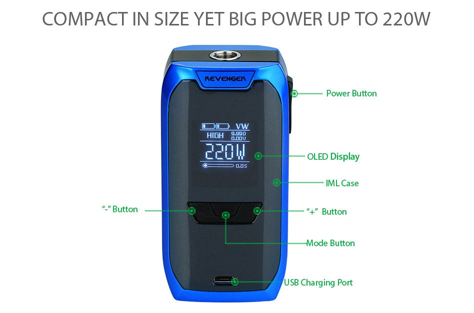 Vaporesso Revenger TC Box MOD 220W COMPACT IN SIZE YET BIG POWER UP TO 220W REVENGE ower Button HIGH g 00U  GM OLED Display IML Case Button USB Charging Port