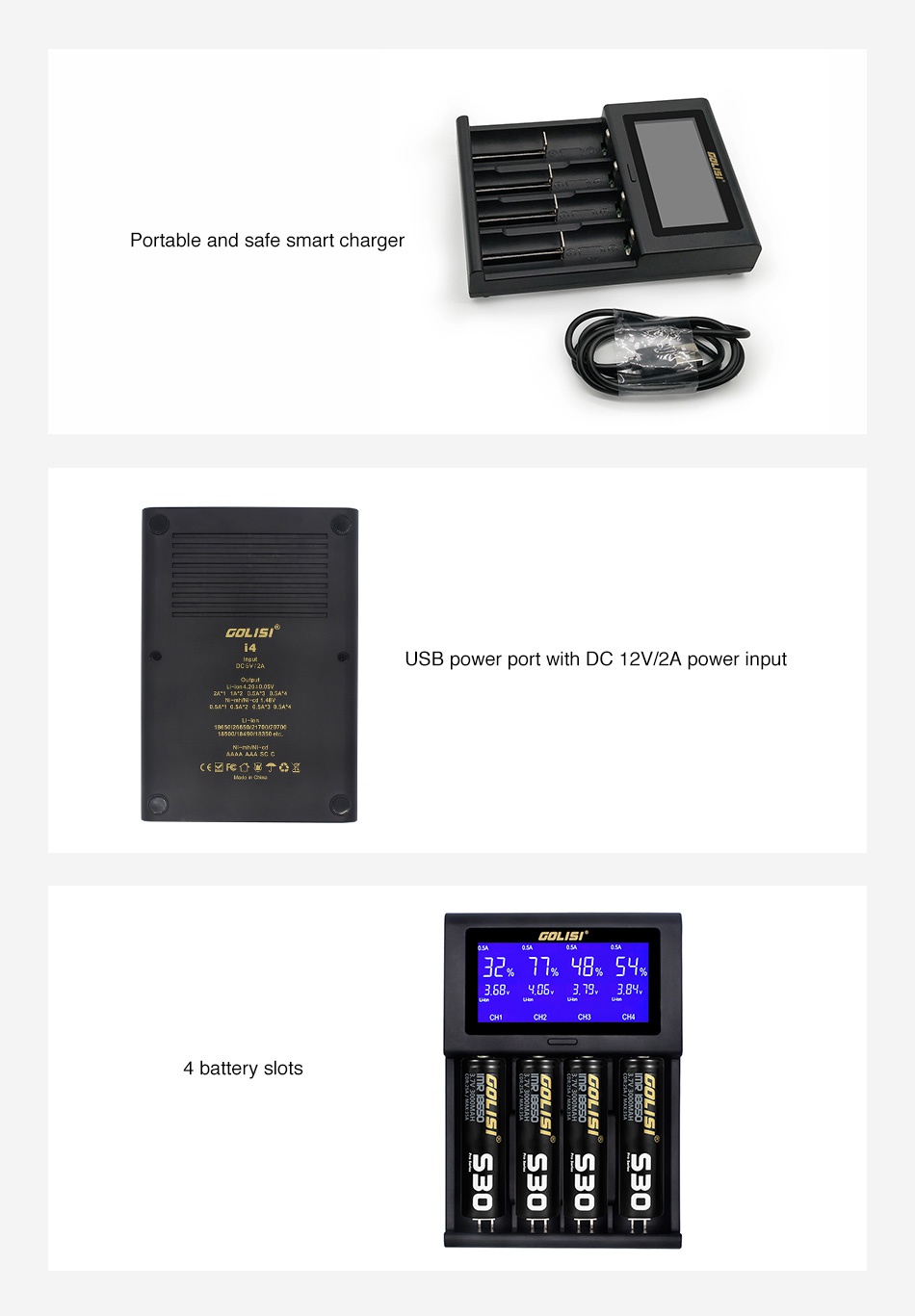 Golisi I4 2A Smart USB Charger with LCD Screen Portable and safe smart charger USB power port with dc 12V 2A power input Fe   FOLISI 32 77  8 5 79 38  4 battery slots u     TTTITT TT