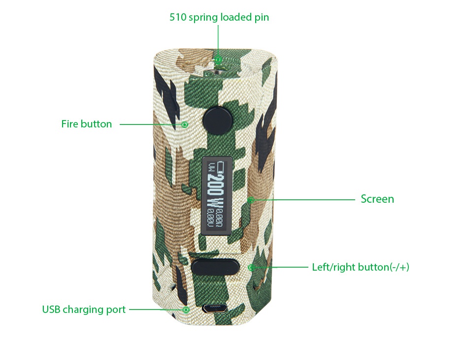 Smoant Battlestar 200W TC Box MOD 510 spring loaded pin Fire button Screen Left right button      USB charging port