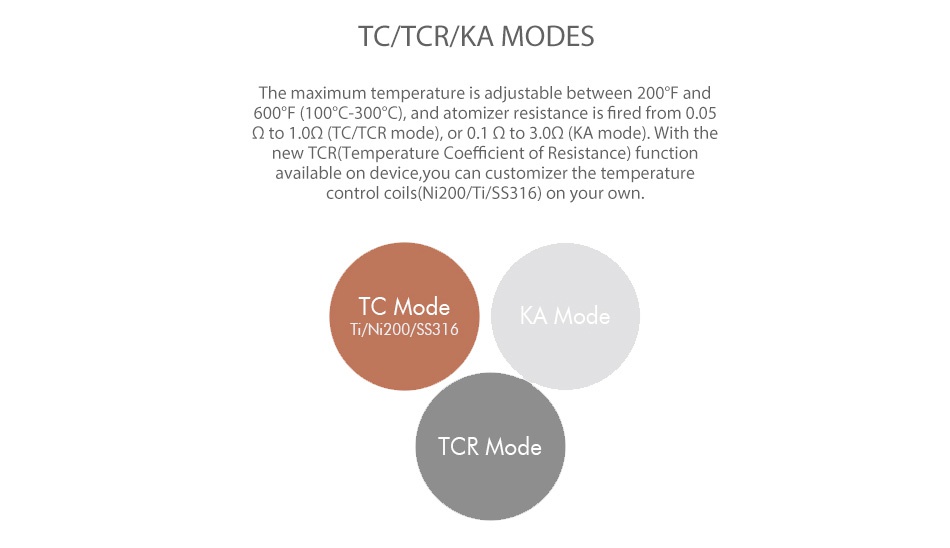 Tesla Nano 120W TC Box MOD TC TCR KA MODES The maximum temperature is adjustable between 200F and 600 F 100 C 300 C  and atomizer resistance is fired from0 05 Q to 1 0Q  TC TCR mode   or 0  1 Q to 3 0Q  KA mode   With the new TCR Temperature Coefficient of Resistance  function available on device  you can customizer the temperature control coils Ni200 Ti SS316 on your owt TC Mode TI NI200 SS316 CR Mode