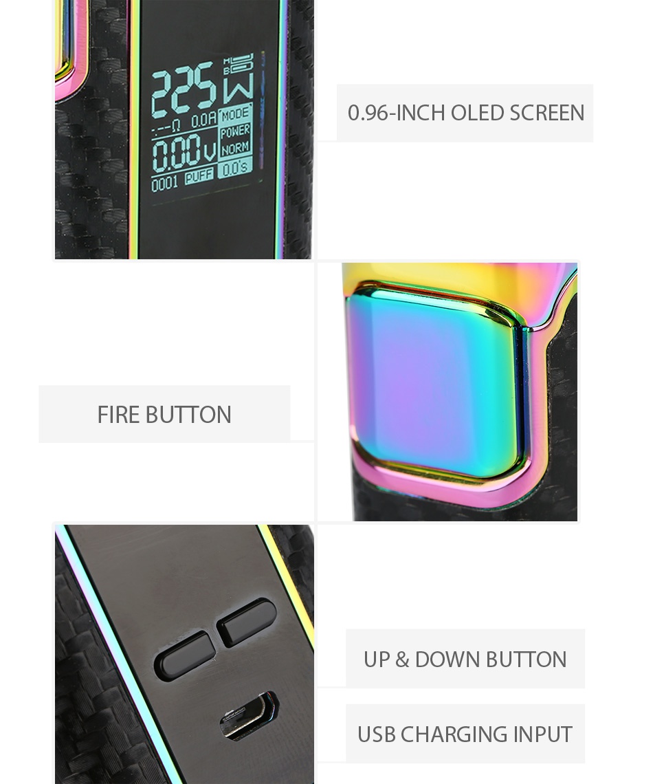 IJOY Captain PD1865 225W TC Box MOD 25 0 96 INCH OLED SCREEN NORM 0001 PUFF   FIRE BUTTON up doWN button USB CHARGING INPUT