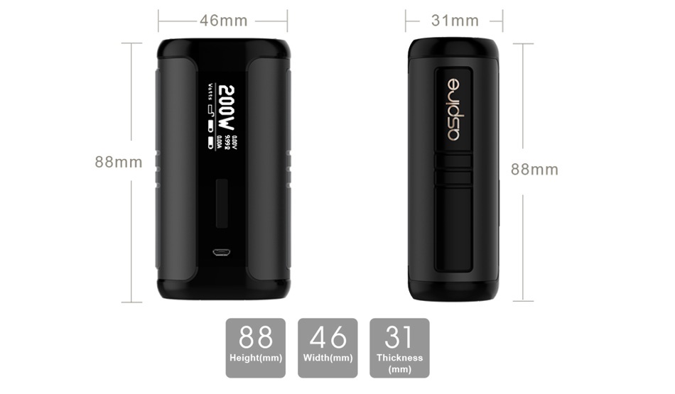 Aspire Speeder 200W TC MOD 46mm 31mm 88mm 88mm 884631 Height mm  Width mm  Thickness