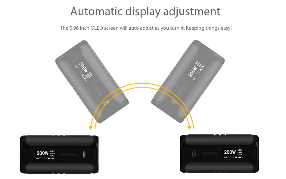 Aspire Speeder 200W TC MOD Automatic display adjustment The 0 96 inch OLED screen will auto adjust as you turn it  Keeping things easy 200W wm