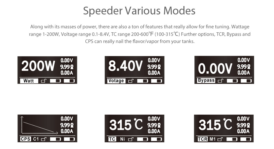 Aspire Speeder 200W TC MOD Speeder various Modes Along with its masses of power  there are also a ton of features that really allow for fine tuning Wattage ange 1 200W  Voltage range 0 1 8 4V  TC range 200 600 F 100 315C Further options  TCR  Bypass and CPS can really nail the flavor vapor from your tanks 200W 000v 999g 840V99 000A 000A 0 00y 999g 000A Watt Votage By pass  00v 999g 315C99 315C99 000A cPsc1r  TC Ni d TCR M1d