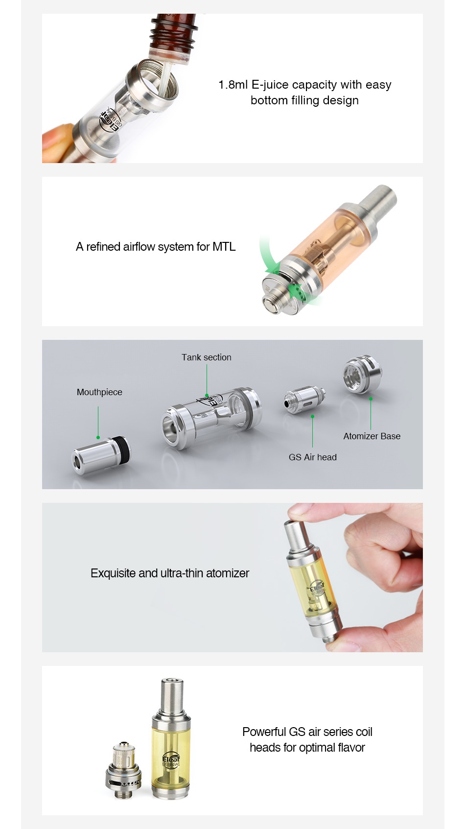 Eleaf GS BASAL Atomizer 1.8ml 1  8ml E juice capacity with easy bottom filling design a refined airflow system for MTL Tank section Mouthpiece Atomizer base GS Al d EXquisite and ultra thin atomizer Powerful gs air series co heads for optimal flavor