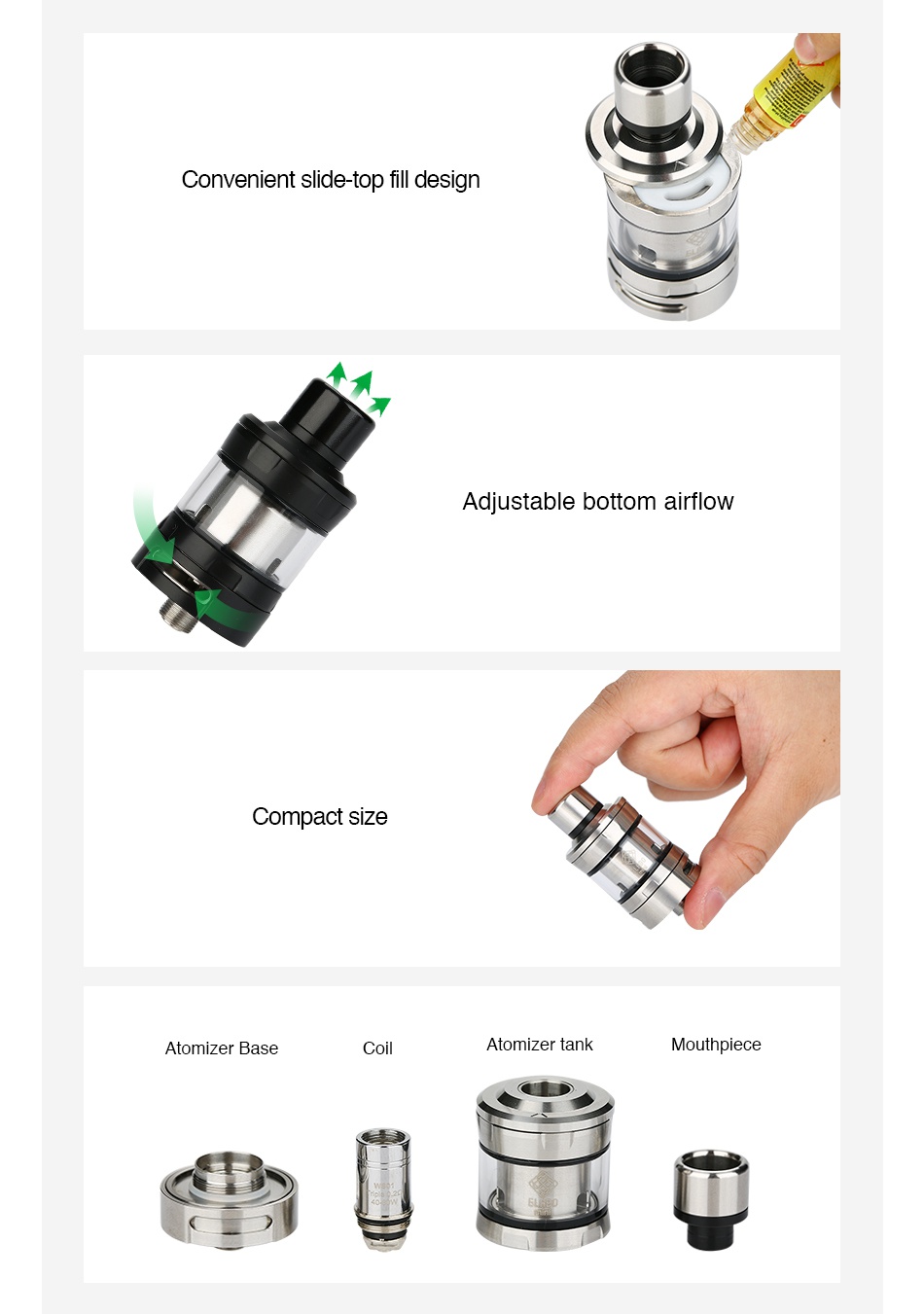 WISMEC Elabo Mini Atomizer 2ml Convenient slide top fill design Adjustable bottom airflow Compact size Atomizer base C Atomizer tank Mouthpiece