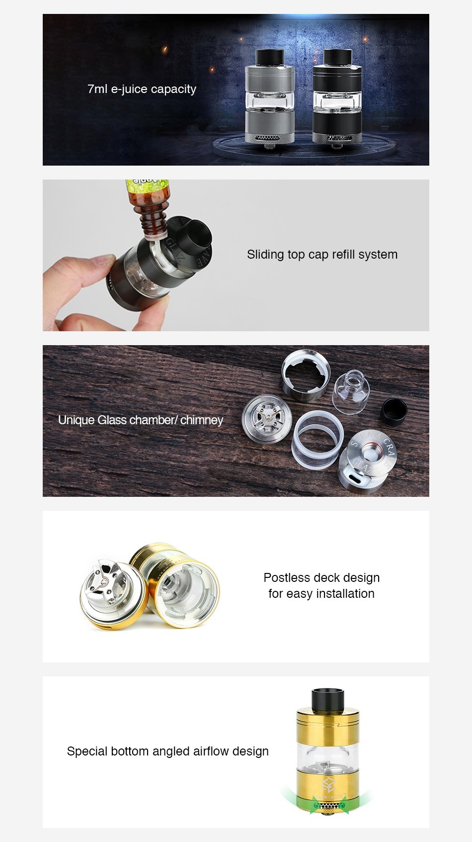 Steam Crave Glaz RTA 7ml 7ml e juice capacity Sliding top cap refill system Unique Glass chamber  chimney Postless deck design for easy installation Special bottom angled airflow design