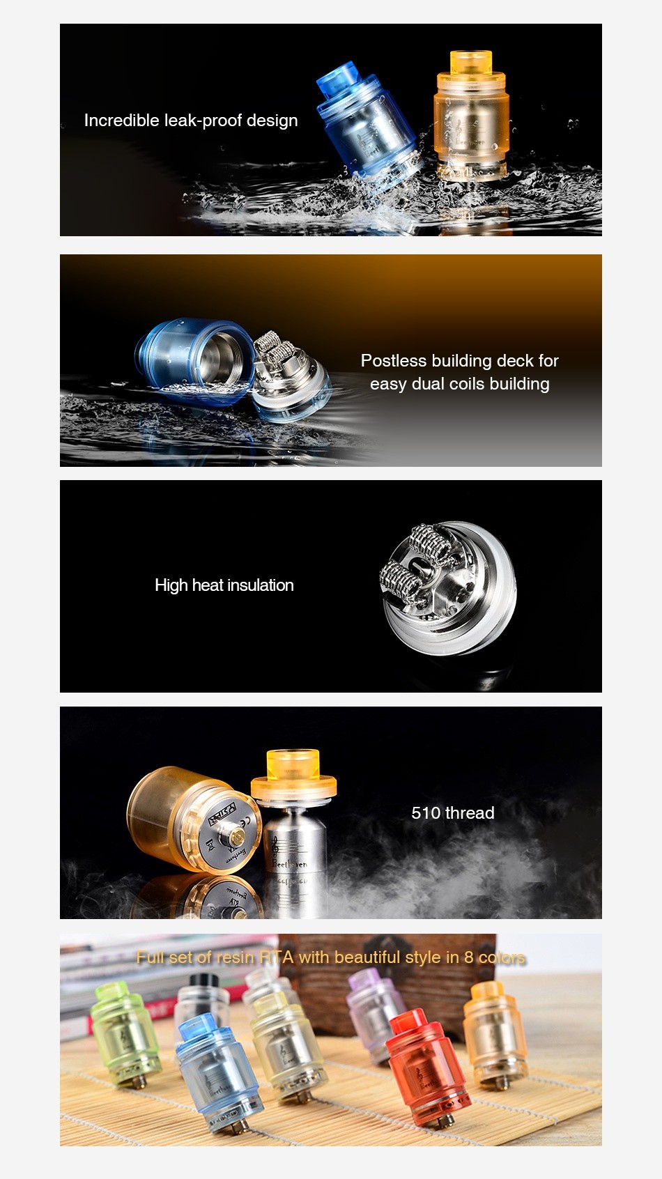 Ystar Beethoven RTA 5.5ml credible leak proof design Postless building deck for easy dual coils building High heat insulation 10 thread Puirsetof resin FifA with beautiful style in 8 cdos