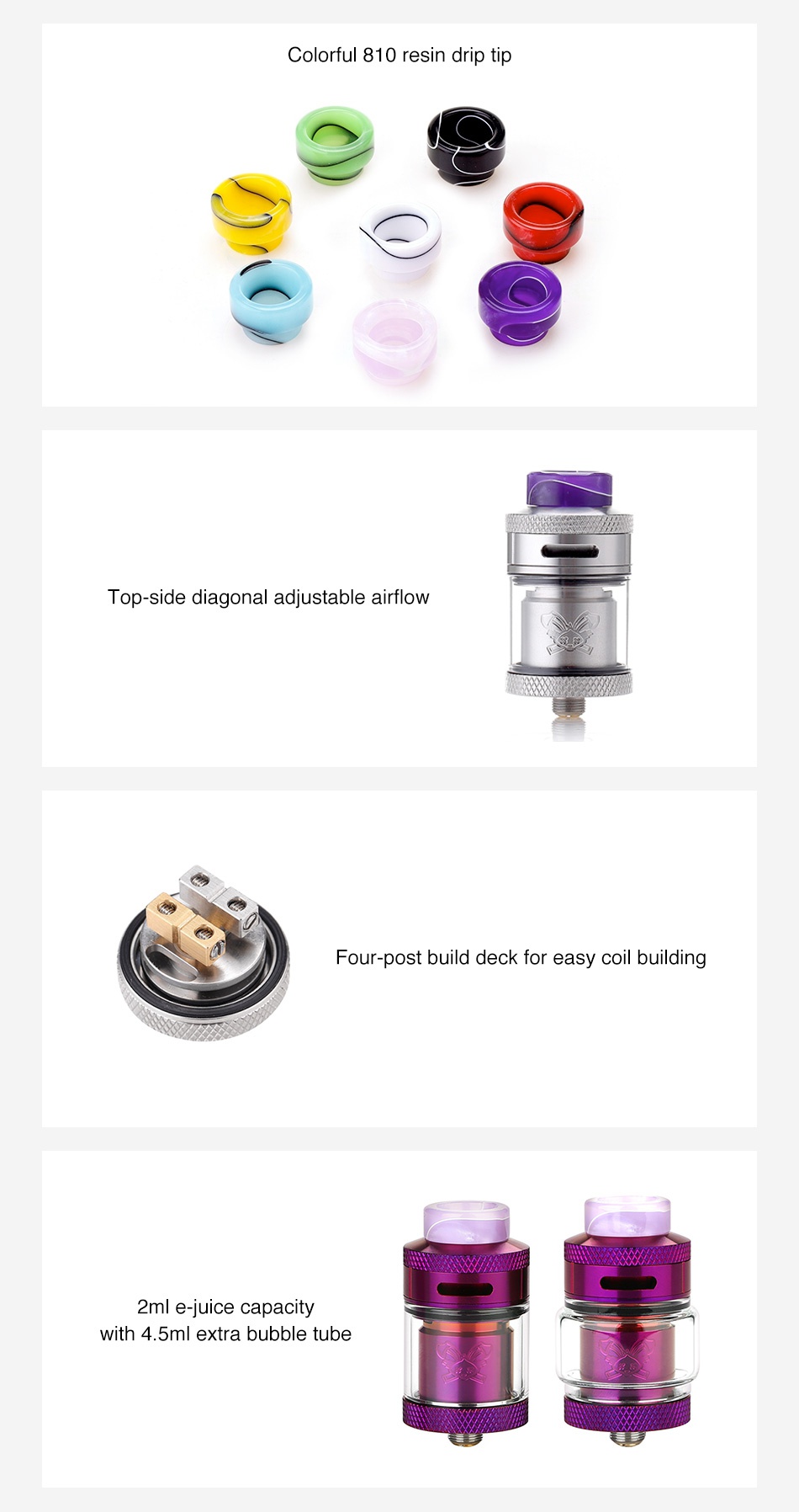 Hellvape Dead Rabbit RTA 2ml Colorful 810 resin drip tip op side diagonal adjustable airflow Four post build deck for easy coil building 2ml e juice capacity ith 4 5ml extra bubble tube