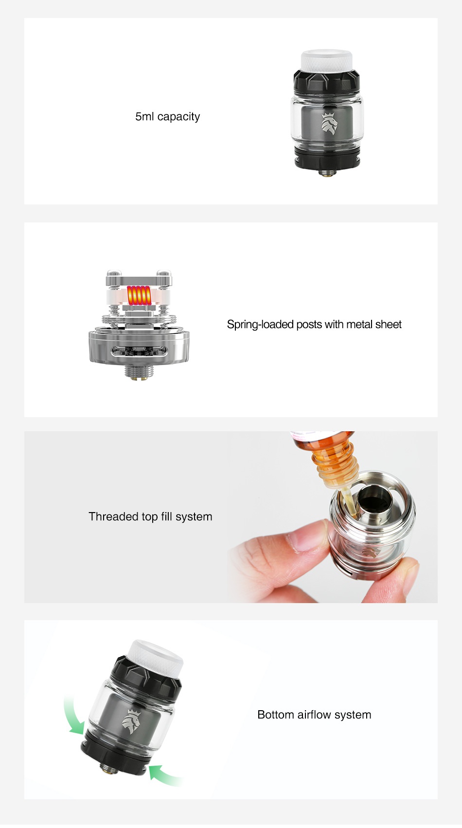 KAEES Stacked RTA 5ml 5ml capacity Spring loaded posts with metal sheet Threaded top fill system Bottom airflow system