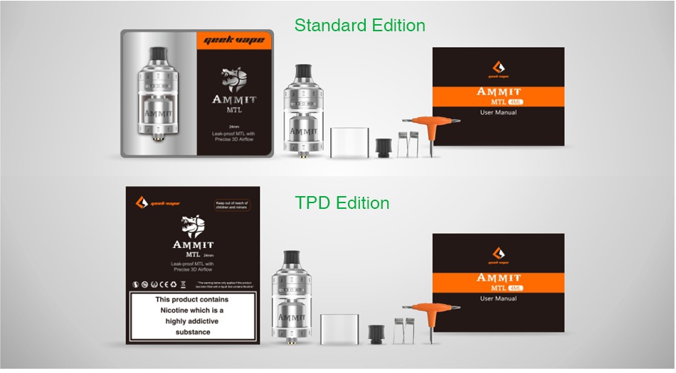 Geekvape Ammit MTL RTA 4ml Standard Edition E TPD Edition SOCEO 2 This product contains Nicotine which is a highly addictive
