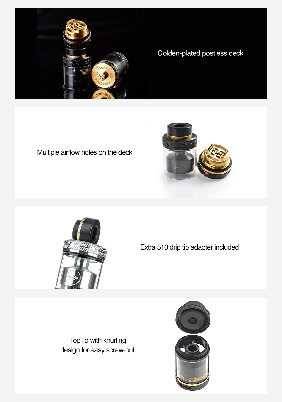 CoilART Mage RTA V2 3.5ml Golden plated postless deck Multiple airflow holes on the deck Extra 510 drip tip adapter included Top lid with knurling design for easy screw out
