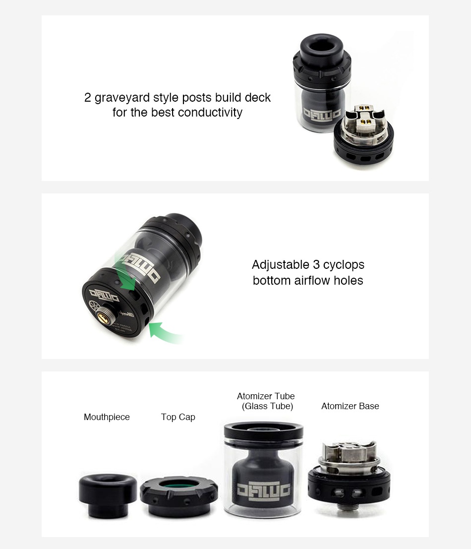 Asmodus Dawg RTA 3.5ml 2 graveyard style posts build deck for the best conductivity Adjustable 3 cyclops bottom airflow holes Atomizer tube  Glass Tube  Atomizer base Mouthpiece Top Cap