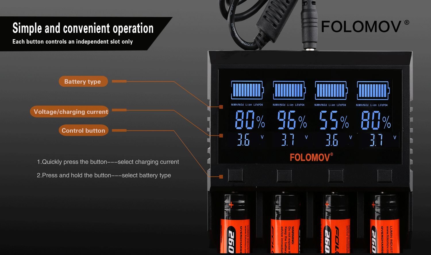 Folomov A4 Smart Quick Charger with LCD Screen Simple and convenient operation FOLOMOV Each button controls an independent slot only Battery type     m  NiMH NiCd Li ion LiFeP04 NiMH NiCd Li ion LiFeP04 NiMH NiCd Li ion LiFeP04 NiMH NiCd Li ion LiFeP04 Voltage charging current  95 55 8  Control button FOLOMOV 1 Quickly press the button    select charging current 2  Press and hold the button   select battery type