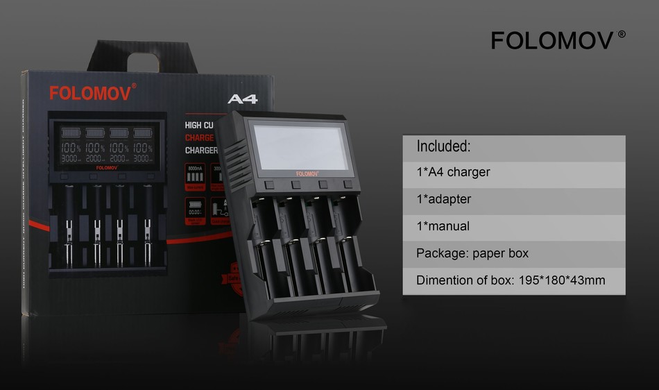 Folomov A4 Smart Quick Charger with LCD Screen FOLOMOV FOLOMOV HIGH CU     CHARGE 0 00 10   CHARGER Included 3002000 000 3000 FOLOMOV 8000m FOLOMOV 1A4 charger 1 adapter 0 1 manual Package  paper box Dimention of box  195 180 43mm