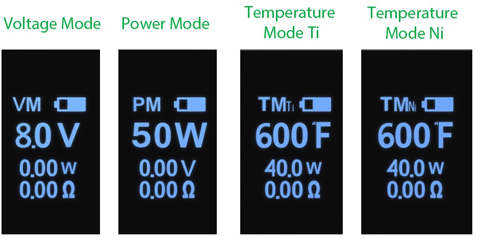 Artery Nugget V2 50W TC Box MOD 1500mAh Voltage Mode Power Mode Temperature Temperature Mode ti Mode n VM  PM O TM  TNN  80V50W600F600F 0 00W 0 00V 400W 40 0W 0009 0009 0009 0009