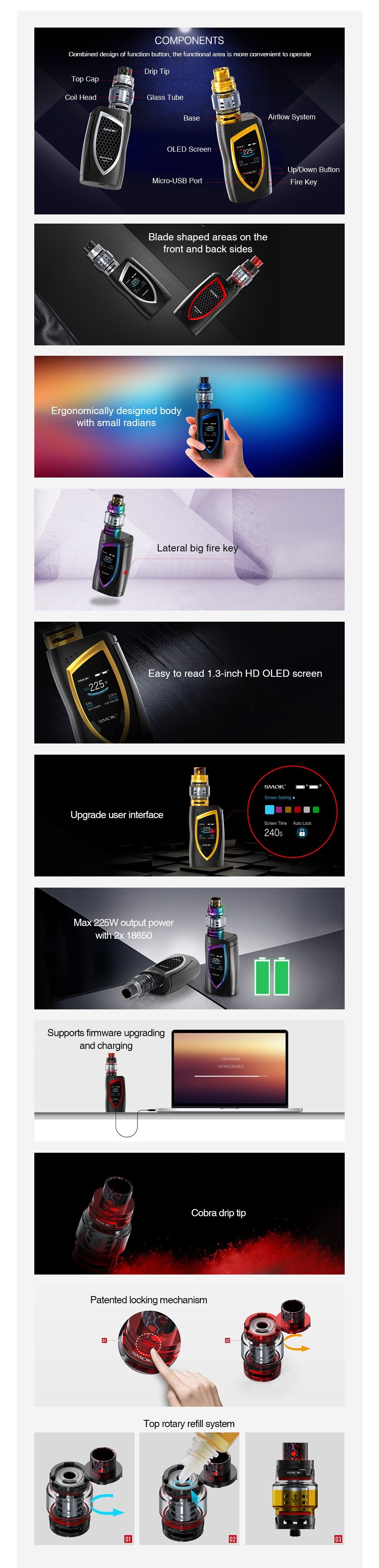 SMOK Devilkin 225W with TFV12 Prince TC Kit OMPONENTS Top Ci I ire Key 3 inch HD OLED screen     Sreg Tne far i2x18650 obra drip tip p rotary refill system 0