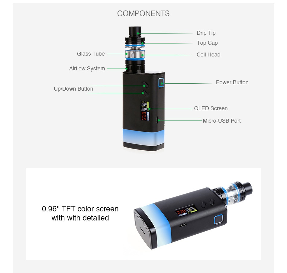 Fuchai GLO 230W TC Kit COMPONENTS tem Power Button Up Down Button OLED Screen Micro USB Port 0 96 FT color screen with with detailed
