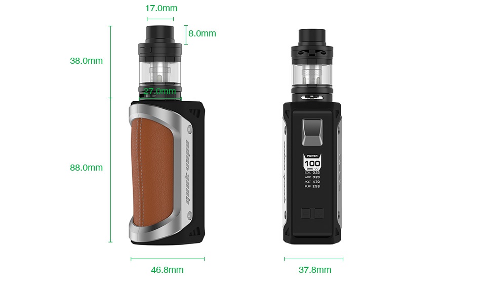 GeekVape Aegis 100W 26650 TC Kit with Shield Tank 4300mAh 17 0mm omm 38 0mm 88 0mm 46 8mm 37 8mm