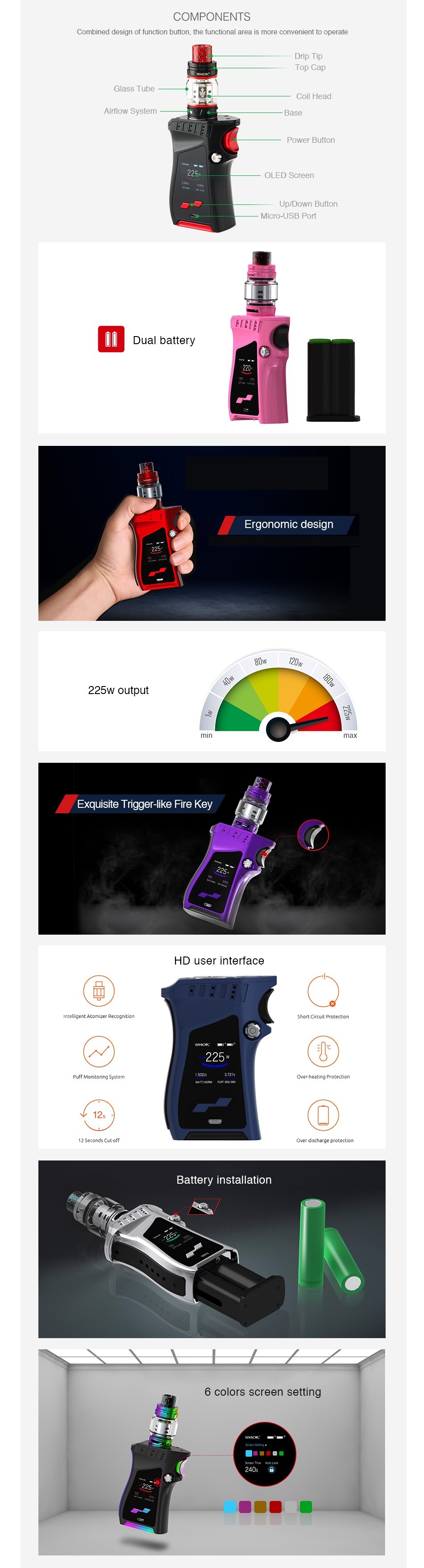 SMOK MAG 225W TC Kit with TFV12 Prince COMPONENTS lass tubo oll Head MIcro UJSB POrt FINE  Ergonomic desig  Exquisite Trigger like Fire Key HD user interfa  M s Iu IM Battery installatio 6 colors screen setting